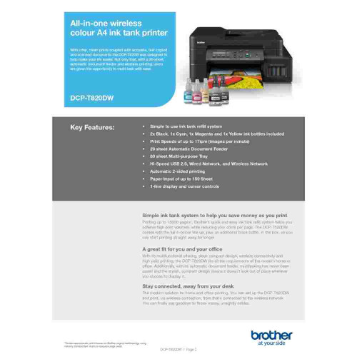 Brother DCP-T820DW All-in-One Refill Ink Tank Color Printer with Wi-Fi & Auto Duplex Printing