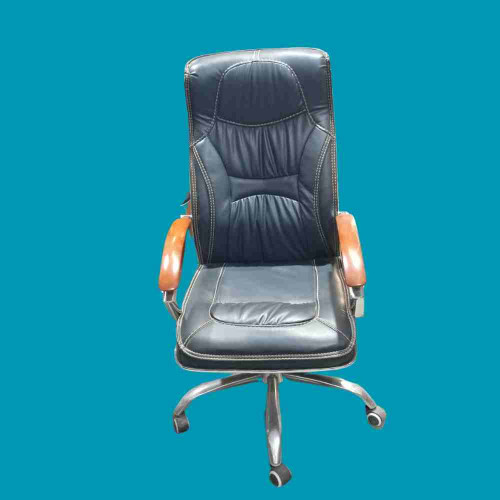 Black Leather High-Back Executive Chair with Wooden Armrests (1pcs)